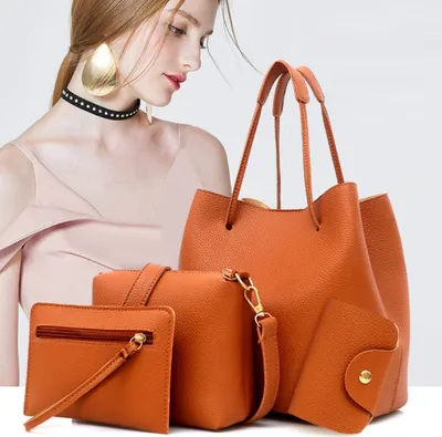 Produktbild von 4Pcs Damen Mode einfarbig weiches Kunstleder Umhängetasche Handtasche Geldbörse Set