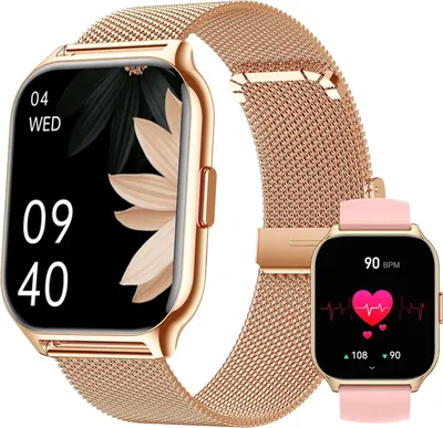Produktbild von Valdus Damen Smartwatch – 2 Zoll Fitnesstracker, Telefonfunktion, Blutdruckmessung, Herzfrequenz, Schlafmonitor, SpO₂, Sportuhr & Schrittzähler – Gold