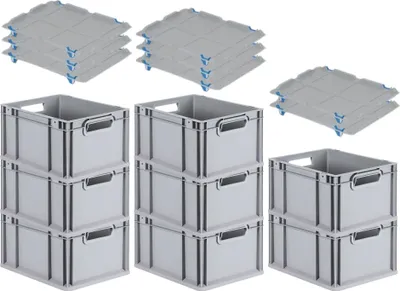 Produktbild von SuperSparSet 8x Eurobox NextGen Economy mit Auflagedeckel und 4x Schiebeschnappverschlüsse Blau | Griffe offen | HxBxT 22x30x40cm | 20 Liter | Eurobehälter, Transportbox, Transportbehälter, Stapelbehälter