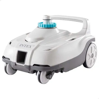 A white and gray automatic pool cleaner with blue accents is shown against a white background.