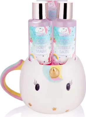 Immagine prodotto di BRUBAKER Cosmetics Set da bagno e doccia Unicorno 4 pezzi Fiori di Ciliegio - Set regalo con profumo di fiori di ciliegio in tazza unicorno