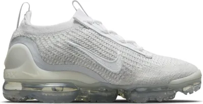 A side view of a white Nike Air Vapormax 2021 FK shoe against a white background.