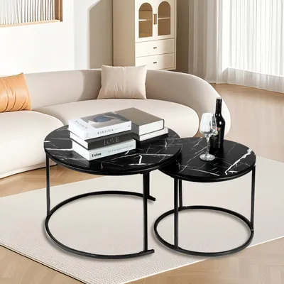 Produktbild von Couchtisch Rund,Satztisch 2er Set,Schwarz Marmor Couchtisch mit Metallgestell,Stapelbar Beistelltisch Set,Sofatisch für Wohnzimmer,Schlafzimmer,Balkon