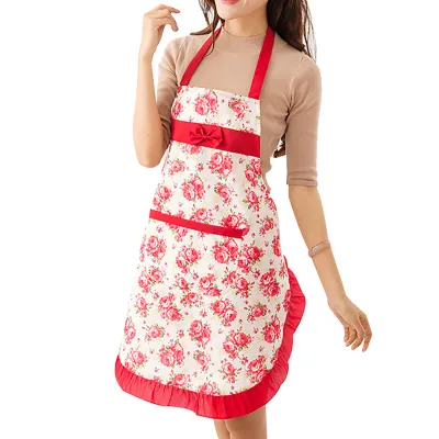 Produktbild von Küche Schürze Bowknot Blumendruck Polyester Restaurant Kochtasche Arbeitskleidung für Zuhause-Rot