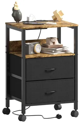 Produktbild von Nachttisch Nachtschrank Beistelltisch mit Ladestation - 2 Schubladen - Vintage Braun - Mit USB-Anschlüssen und Steckdosen