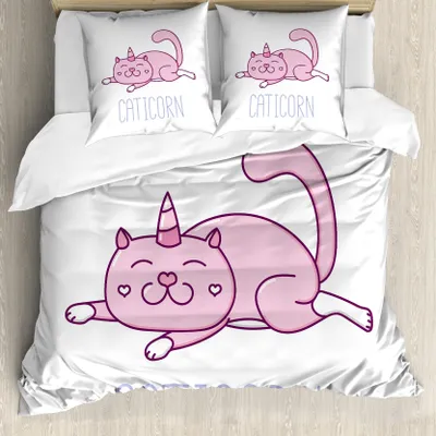 Produktbild von ABAKUHAUS Einhorn-Katze Bettbezug, Rosa lustige Maskottchen, Milbensicher Allergiker geeignet mit Kissenbezügen, 155 cm x 220 cm - 80 x 80 cm, Rosa Lila Weiß