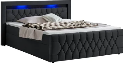 Produktbild von Juskys Boxspringbett Leona Samt 180x200 cm in Schwarz – mit LEDs, Topper & Federkern-Matratzen