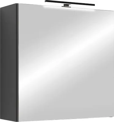 A bathroom cabinet with a mirror and integrated LED lighting.