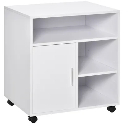 Produktbild von HOMCOM Druckerständer Druckertisch Bürowagen Rollwagen mit Schrank+Regale Spanlatte Weiß 60 x 50 x 65,5 cm