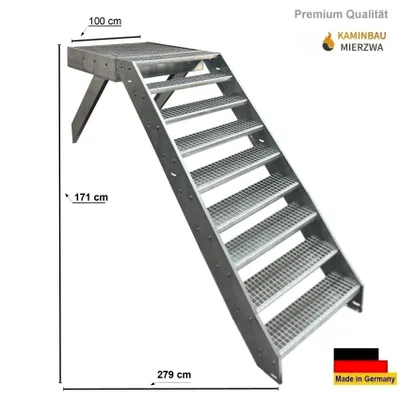 Obrázek produktu pro Podestové schody podélné ocelové schody 9 stupňů výška 171cm včetně podesty 100x100cm bez zábradlí Pozinkované / vyrovnávací schody přední (čelní) venkovní schody