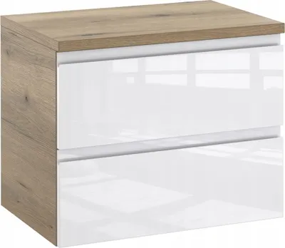Produktbild von Furni Badunterschrank 60 cm mit Waschtischplatte – Eiche & Weiß Hochglanz, Vormontiert, Unterschrank für Aufsatzwaschbecken