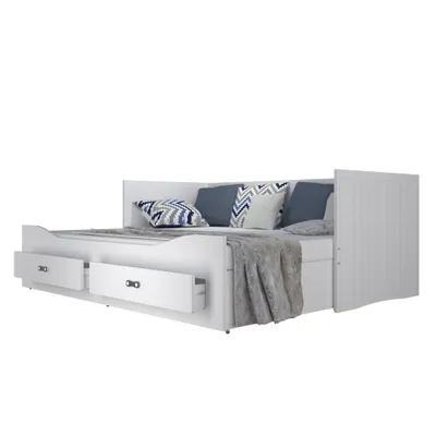 Produktbild von Bett HERMES 80x200 cm ausziehbares Kinderbett mit Schublade und Matratze Lattenrost aus Holz Tagesbett weiß