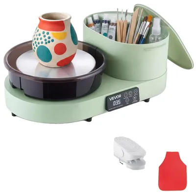 Produktbild von VEVOR Töpferscheibe, 35 cm Keramikrad Formmaschine, 60-300 U/min Geschwindigkeitsverstellbares Fußpedal, Verstellbares Hebeleg, Abnehmbares Becken, Komplettes Werkzeugzubehörset für Kunsthandwerk DIY, Weiß