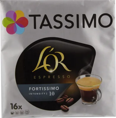 Packaging for Tassimo L'OR Espresso Fortissimo coffee pods.