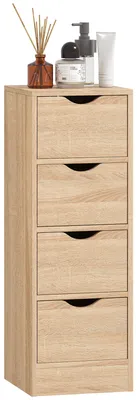 Produktbild von Platzsparender Badezimmerschrank mit 4 Schubladen und geschnitzten Griffen, nordischer Stil, 29 x 29 x 83 cm, Naturholz