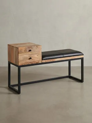 Gesamtüberblick der kompakten Sitzbank aus Mangoholz und Leder, eine funktionale und ästhetische Lösung für jeden Eingangsbereich._#sku_BARWL6.483#