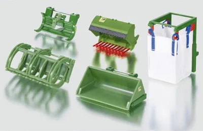 Produktbild von Siku Frontlader-Zubehör Set 3658, 5 Teile: Hochkippschaufel, Poltergabel, Silageschneider, Reisiggabel, Big-Pack-Träger, für 1:32 Siku Farmer Traktoren mit Wechselsystem (nicht für Siku Control John Deere & Fendt), aus Kunststoff, Metall, Grün, 29 x 5 x 13 cm (L x B x H)