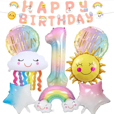 Productafbeelding van Verjaardagsdecoratie voor meisjes 1 jaar - 9-delig ballonnenpakket