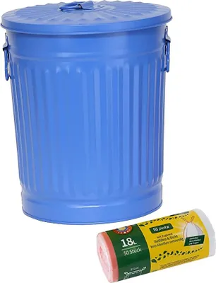 Produktbild von Jinfa 1 Retrodesign Metalleimer mit Griffen und Deckel + 50 Müllbeutel | Blau | 18L