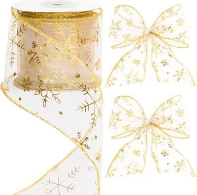 Produktbild von Organzaband Weihnachten 6cm Breit, Geschenkband mit Draht Gold, 10 Yards Schneeflocke Organzaband, Glitzer Weihnachtsband fš¹r Geschenkdeko, Kranz, Handwerk, WeihnachtsSchleifenherstellung