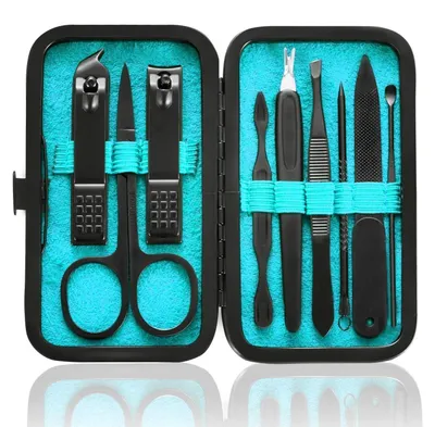 Produktbild von Maniküre-Set 9 in 1 Edelstahl Pediküre-Werkzeugset mit Kunstlederetui Blau