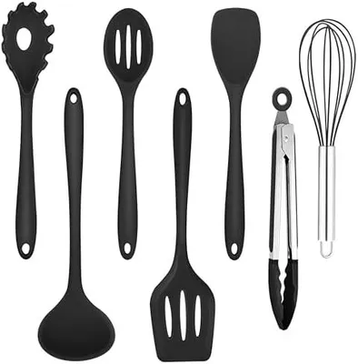Produktbild von Homikit Küchenhelfer Set, 7 Stück Schwarz Silikon Küchenutensilien Kochbesteck Set, Antihaft Hitzebeständiger Kochutensilien mit Pfannenwender zum Kochen, Backen, Gesund/Spülmaschinenfest