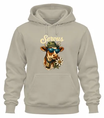 Productafbeelding van Servus Kuh, zonnebril, traditioneel shirt, lederen broek, hoodie, sweater met capuchon, natuur, maat XL