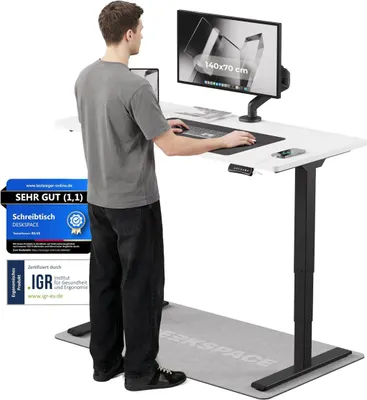 Produktbild von DESKSPACE PRO Plus Elektrisch höhenverstellbarer Schreibtisch, 140x70 cm Stehpult mit Memory-Funktion, Weiße Tischplatte, Schwarzes Gestell