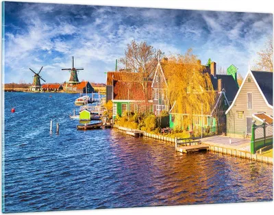 Produktbild von Bilder auf glas - Landschaft Windmühle Wasser Dorf - 120x80cm - Glasbilder - Wandbilder - Kunstdruck - zum Aufhängen bereit - Wanddekoration aus Glas - Glas Bilder - Wandbild auf Glas - GAA120x80-2866