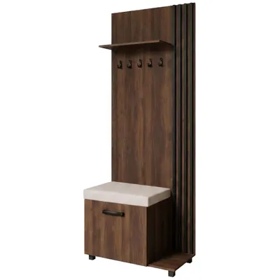 Produktbild von Garderobenschrank LIVIA Rechts Warmia Walnuss – Garderobe mit Kleiderhaken, Schuhschrank, schwarze Lamellen, beiges Sitzkissen, Hochschrank, Flurmöbel
