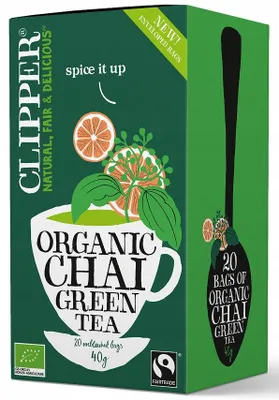 Obrázok produktu pre CHAI ZELENÝ ČAJ SO ŠKORICOU A KARDAMOM FAIR TRADE(20 x 2 g) 40 g - CLIPPER