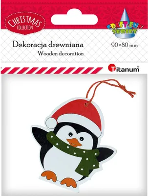 The image shows a Christmas decoration product packaging with a wooden penguin ornament inside.