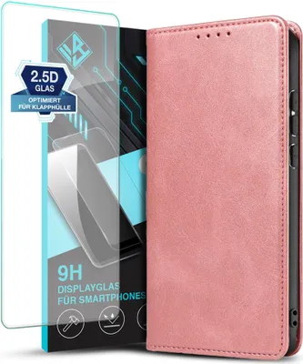 Produktbild von Handyhülle für Xiaomi Redmi Note 14 Pro 5G mit 9H Displayglas Kunstleder Flip Cover Hülle Handytasche Case Kartenfach Farbe: Rosa