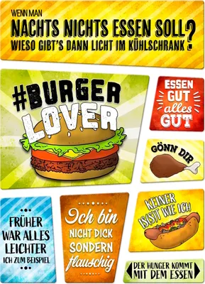 Produktbild von Kühlschrankmagnete 8er Set mit Sprüchen zum Thema Essen Kühlschrank Naschen