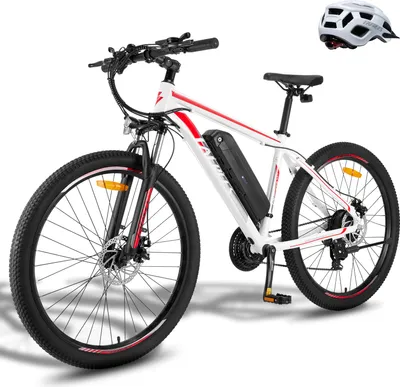 Produktbild von E-Bike Pedelec MTB 27,5 Zoll Rostfreie Aluminiumlegierung bis zu 90 - 110 km Mountainbike mit 21 Gang Wasserdicht IPX4, Weiß und Rot
