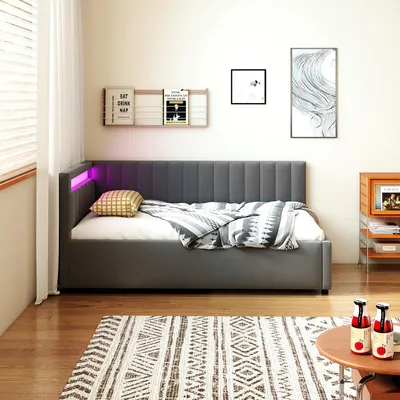 Produktbild von MODFU Polsterbett,Schlafsofa Daybett 90x200cm,Ohne Matratze,mit LED-Beleuchtung und hydraulischem Stauraum,seitliche Kopfteile mit austauschbaren Positionen,Samtstoff,Grau