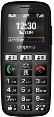 A black Emporia HAPPY (E30_001) senior phone is shown from the front against a black background.