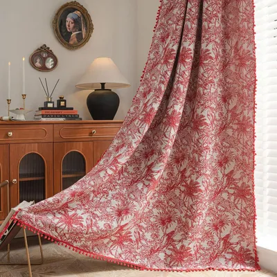 Vintage Vorhang Jacquard Rot 150x240 cm Pompons Linenlook