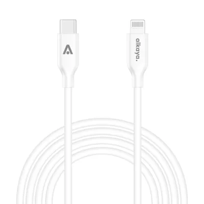 A white USB-C to Lightning charging cable coiled on a white background.