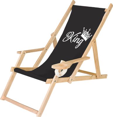 Holz Liegestuhl Klappbar Klappliegestuhl mit Armlehne und Getränkehalter Strandstuhl Motiv Schwarz King [119]