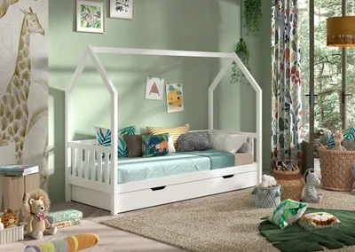 Produktbild von VIPACK - CABANE Hausbett 90x200 cm, seitlicher Umrandung, Bettschublade, Kiefer massiv weiß