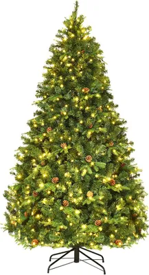 A decorated artificial Christmas tree with lights and pinecones on a white background.