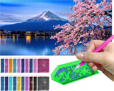 Zdjęcie produktu dla Haft diamentowy ARTULIO - Góra Fuji z kwitnącą wiśnią - 80 x 40 cm - Kwadratowe diamenty - Diamond painting, Kompletny zestaw: mozaika + akcesoria