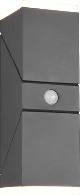 A modern, dark gray outdoor wall light with a motion sensor.