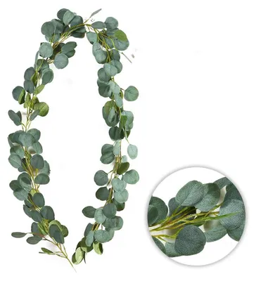 Image de Couronne d'eucalyptus artificielle, couronne décorative de 2 mètres de long en soie et en plastique, couronne végétale verte pour les mariages, les fêtes et la décoration d'intérieur.