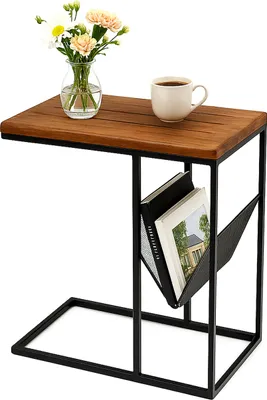 Immagine prodotto di Tavolino Relaxdays con portagiornali, LxPxA: 63x30x51 cm, legno, metallo, forma a C, tavolino da salotto in stile industriale, marrone/nero