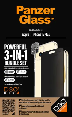 Obrázok produktu pre PanzerGlass Bundle 3v1 priehľadné puzdro + fólia + kryt fotoaparátu pre iPhone 15 Plus