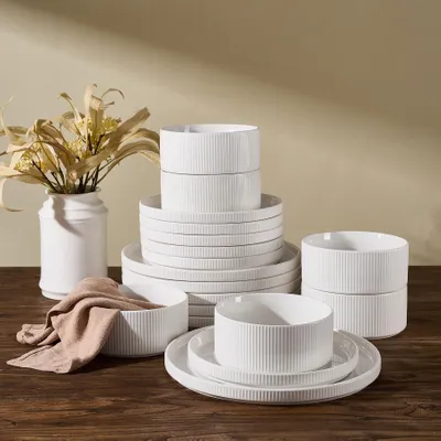 Obrázek produktu pro Sada porcelánového nádobí pro 6 osob, 18 kusů, bílá barva, vhodná do mikrovlnné trouby a myčky