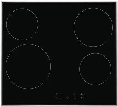 A top-down view of a black ceramic glass cooktop with four heating elements and control buttons at the bottom.