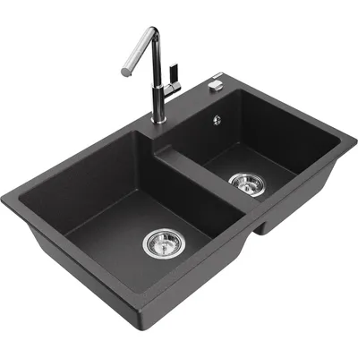 Obrázek produktu pro Mexen Tomas 2-miskový granitový dřez s kuchyňskou baterií Flora, Skvrnitá černá - 6516-76-670401-00